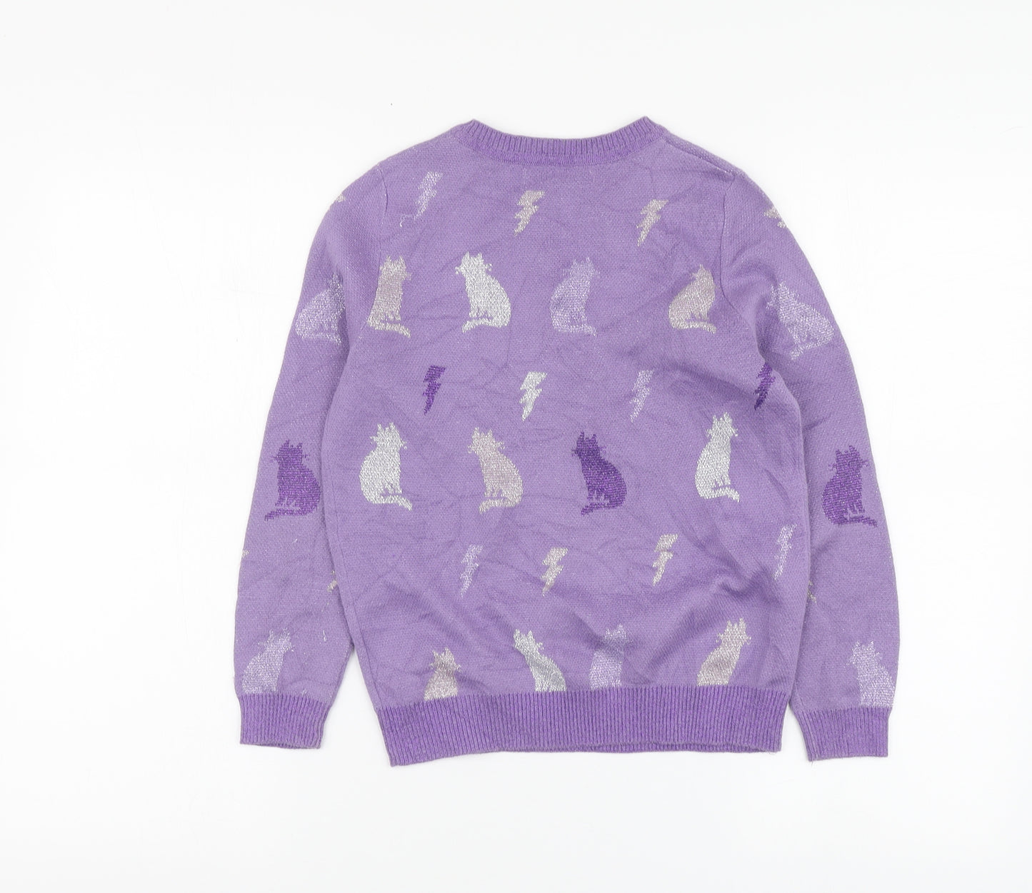 Marks and Spencer Girls Purple Round Neck Geometric Cotton Pullover Jumper Size 8-9 Years