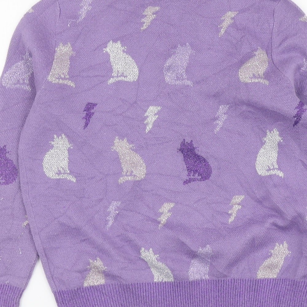 Marks and Spencer Girls Purple Round Neck Geometric Cotton Pullover Jumper Size 8-9 Years