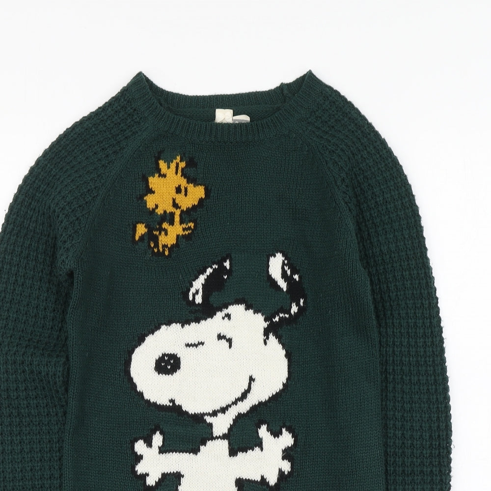 Pull&Bear Womens Green Round Neck Acrylic Pullover Jumper Size S - Snoopy