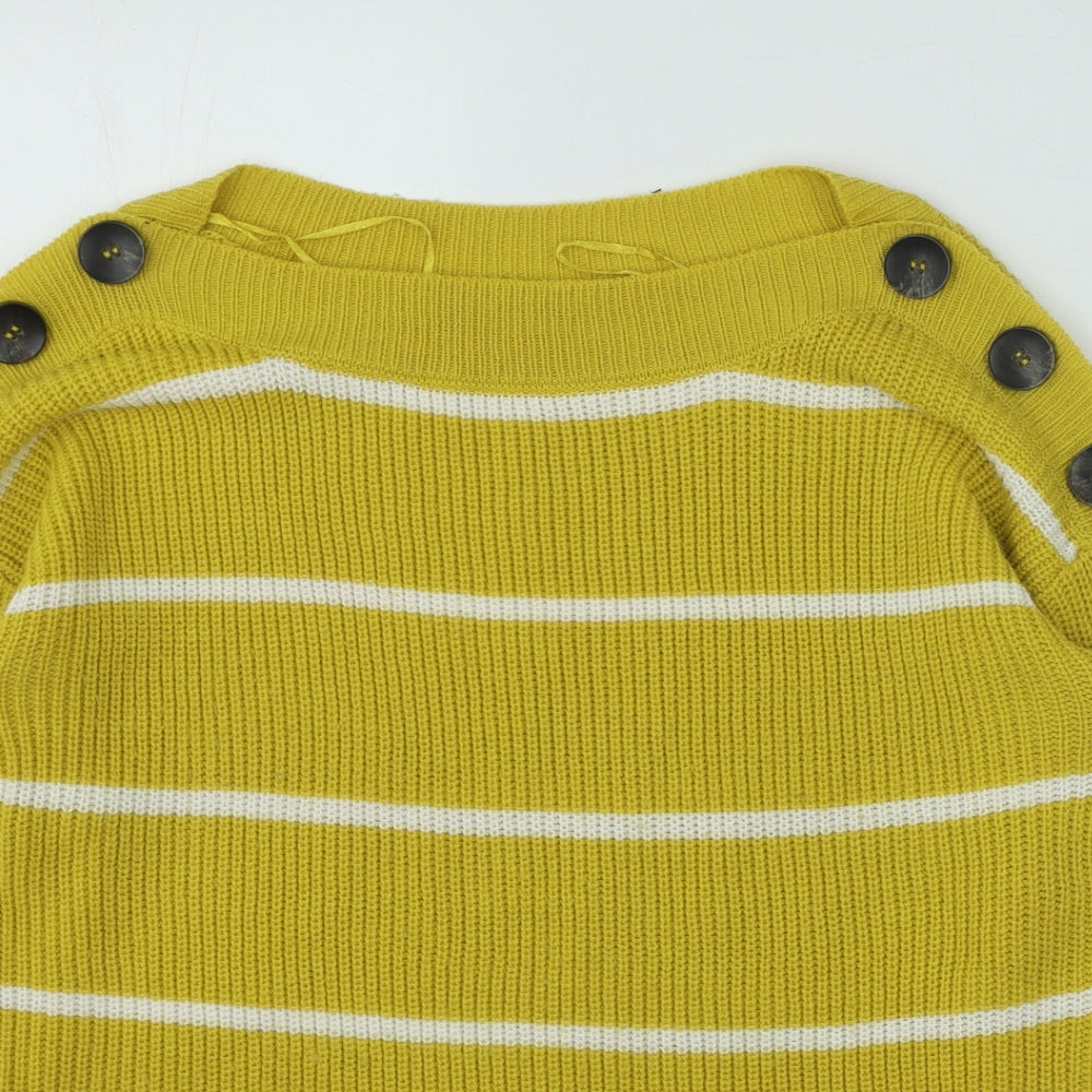 Pep & Co Womens Yellow Round Neck Striped Acrylic Henley Jumper Size M