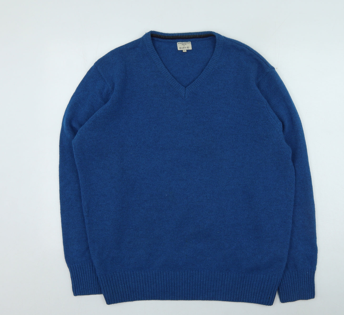 Easy Womens Blue V-Neck Acrylic Pullover Jumper Size L