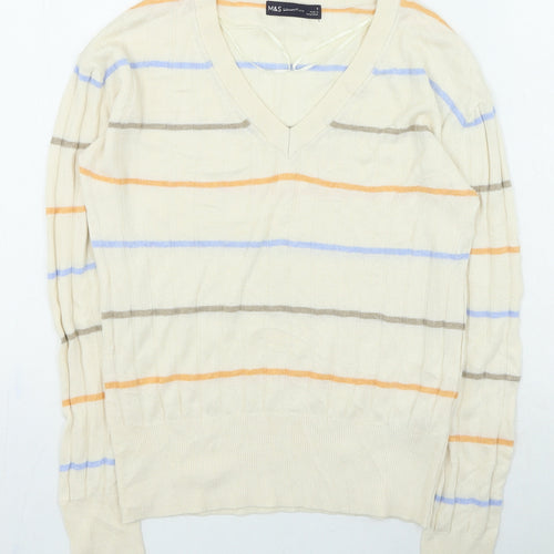 Marks and Spencer Womens Beige V-Neck Striped Viscose Pullover Jumper Size S