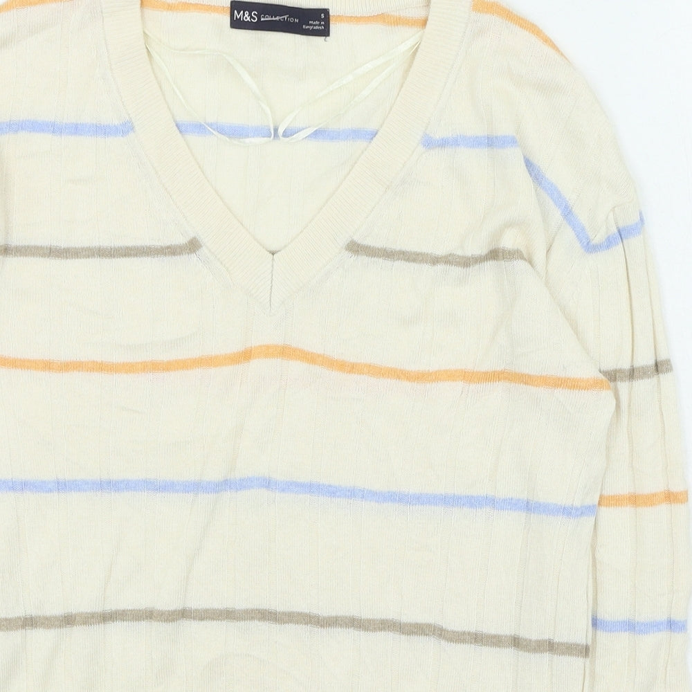 Marks and Spencer Womens Beige V-Neck Striped Viscose Pullover Jumper Size S