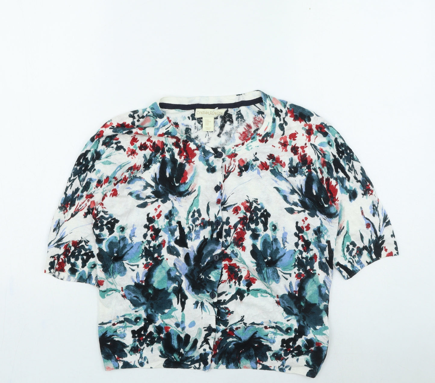 Cynthia Rowley Womens Multicoloured Round Neck Floral Linen Cardigan Jumper Size M