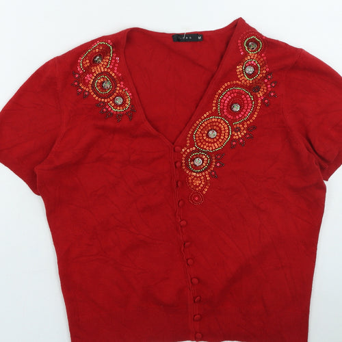 Linea Womens Red V-Neck Geometric Viscose Cardigan Jumper Size M