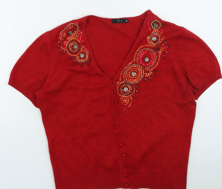 Linea Womens Red V-Neck Geometric Viscose Cardigan Jumper Size M