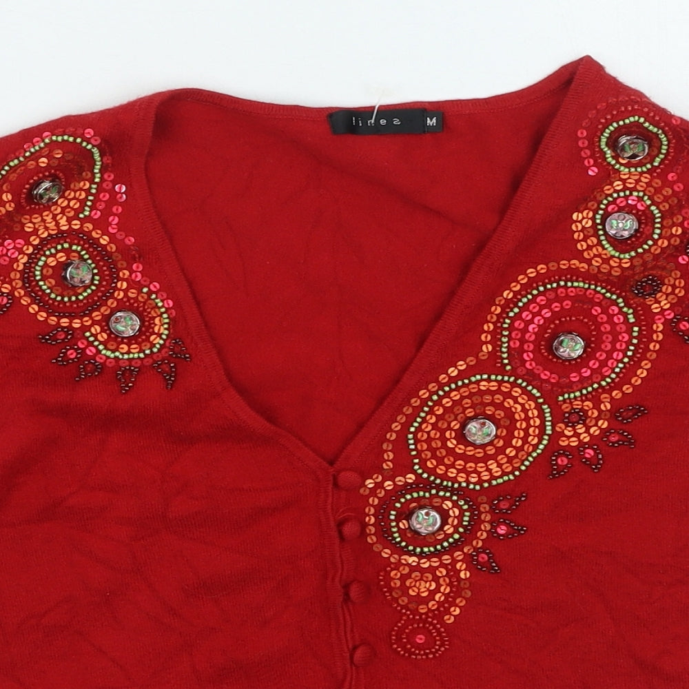 Linea Womens Red V-Neck Geometric Viscose Cardigan Jumper Size M