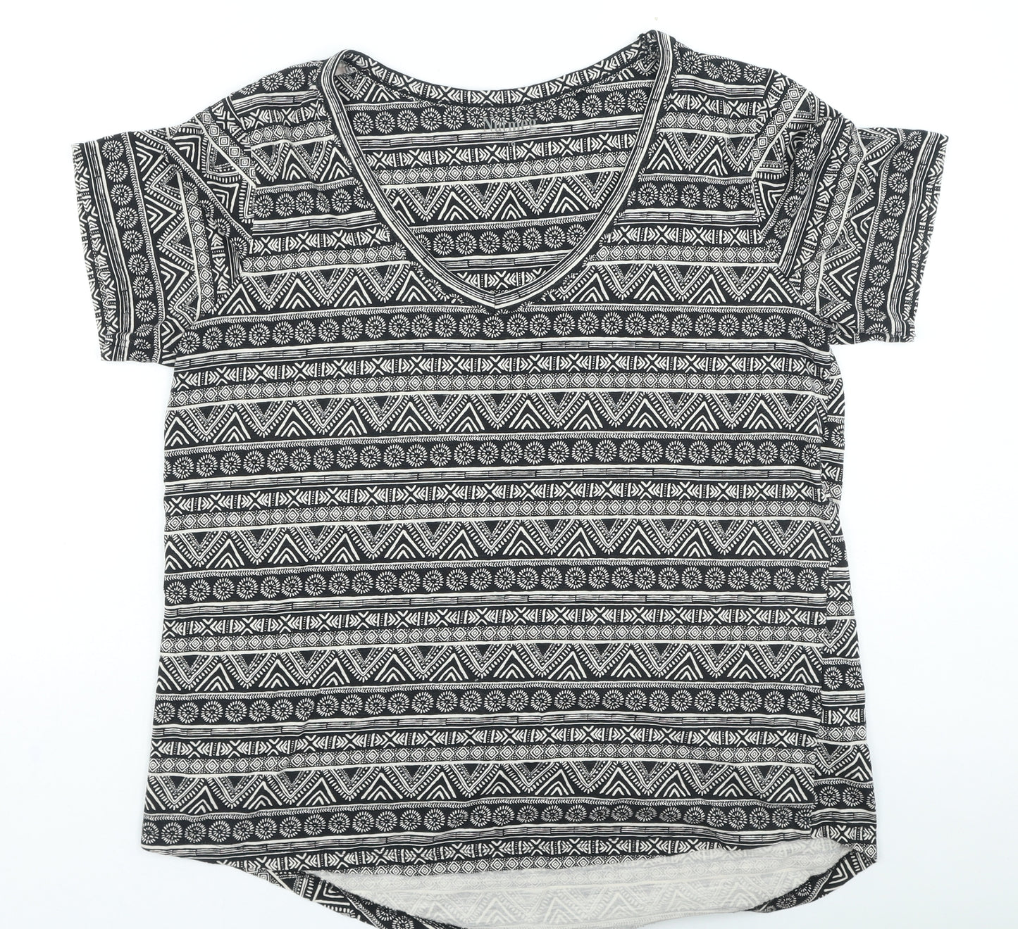 Nutmeg Womens Beige Geometric Cotton Basic T-Shirt Size 16 V-Neck