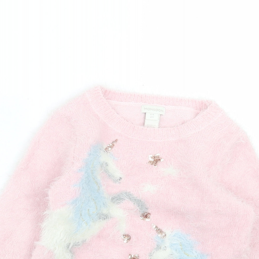 Monsoon Girls Pink Crew Neck Nylon Pullover Jumper Size 5-6 Years Pullover