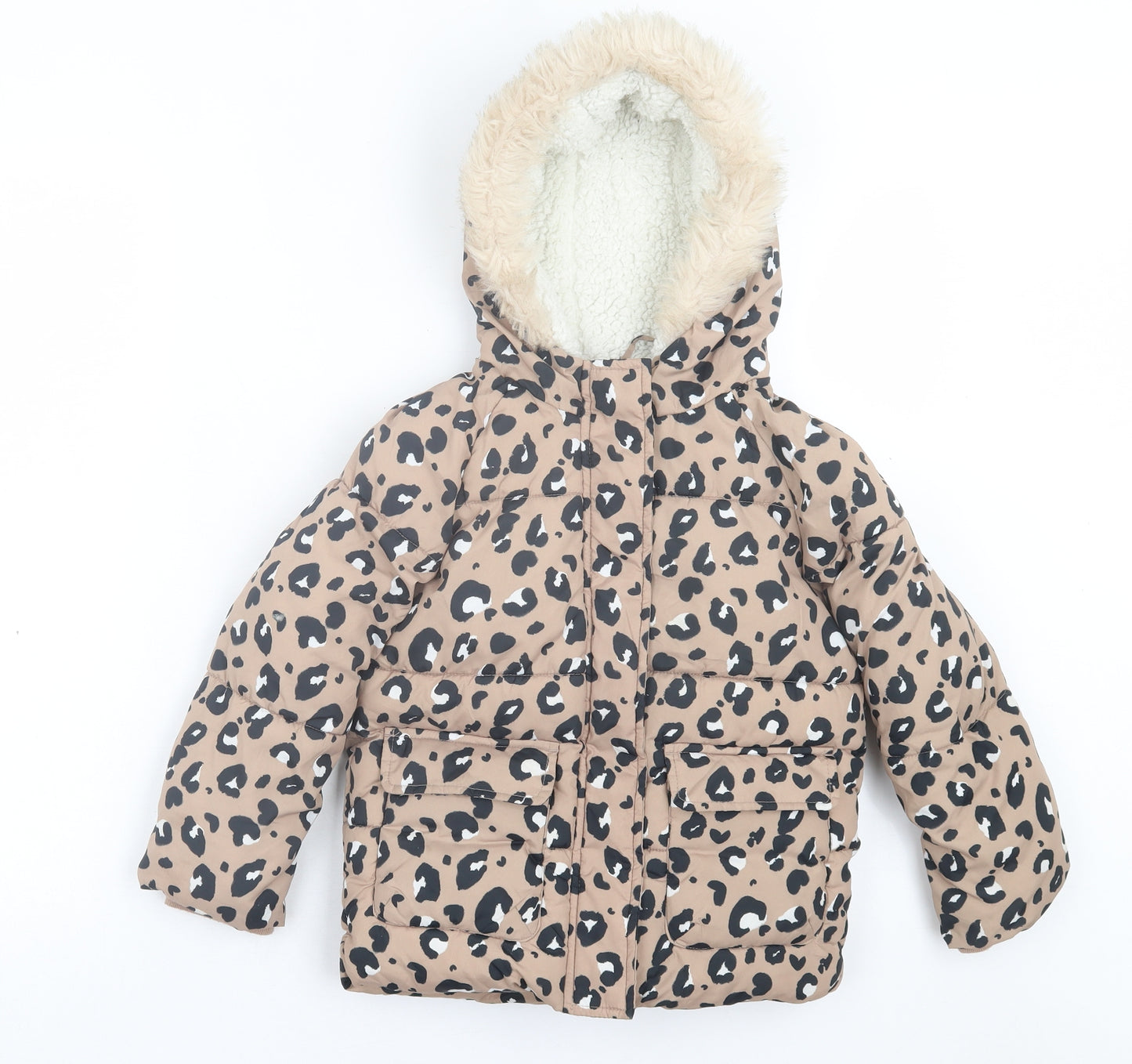 George Girls Brown Animal Print Basic Coat Coat Size 5-6 Years Zip