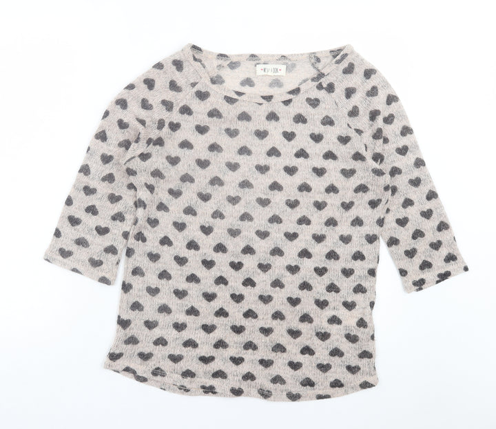 New Look Womens Beige Geometric Polyester Basic T-Shirt Size 14 Off the Shoulder