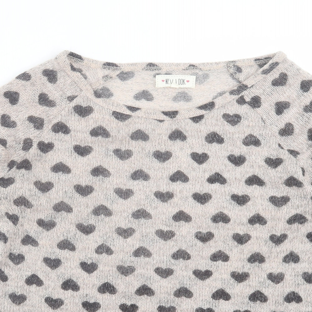 New Look Womens Beige Geometric Polyester Basic T-Shirt Size 14 Off the Shoulder