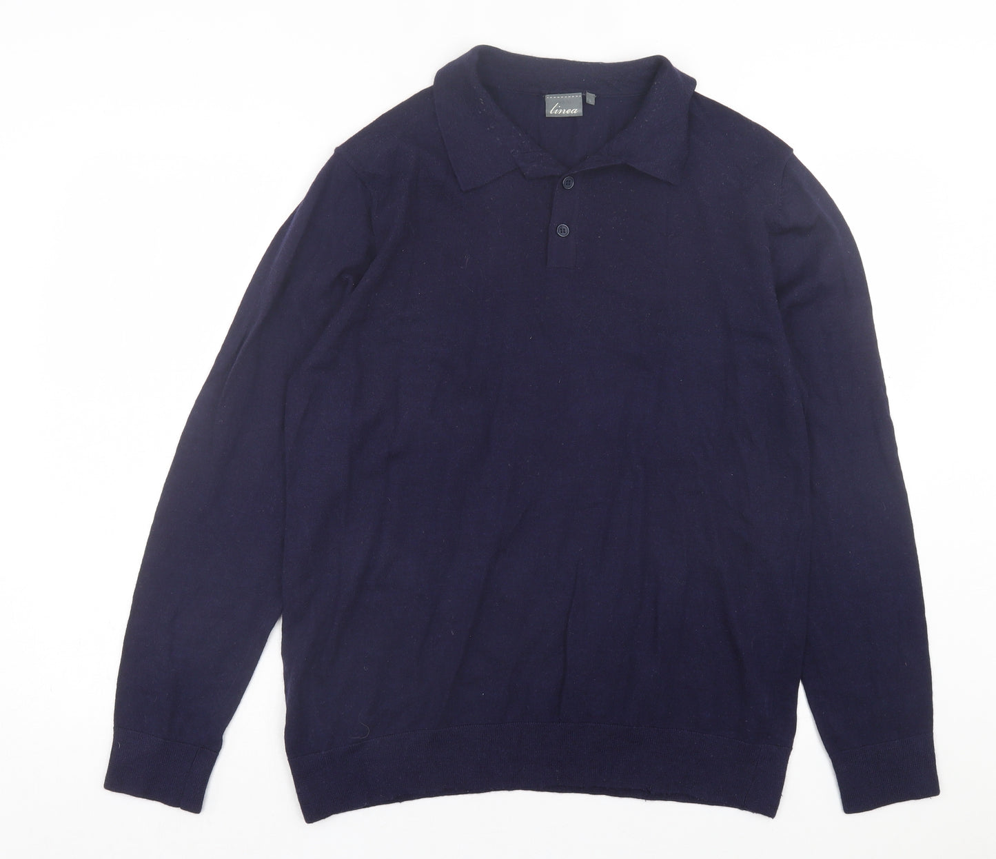 Linea Mens Blue Wool Polo Size L Collared Button