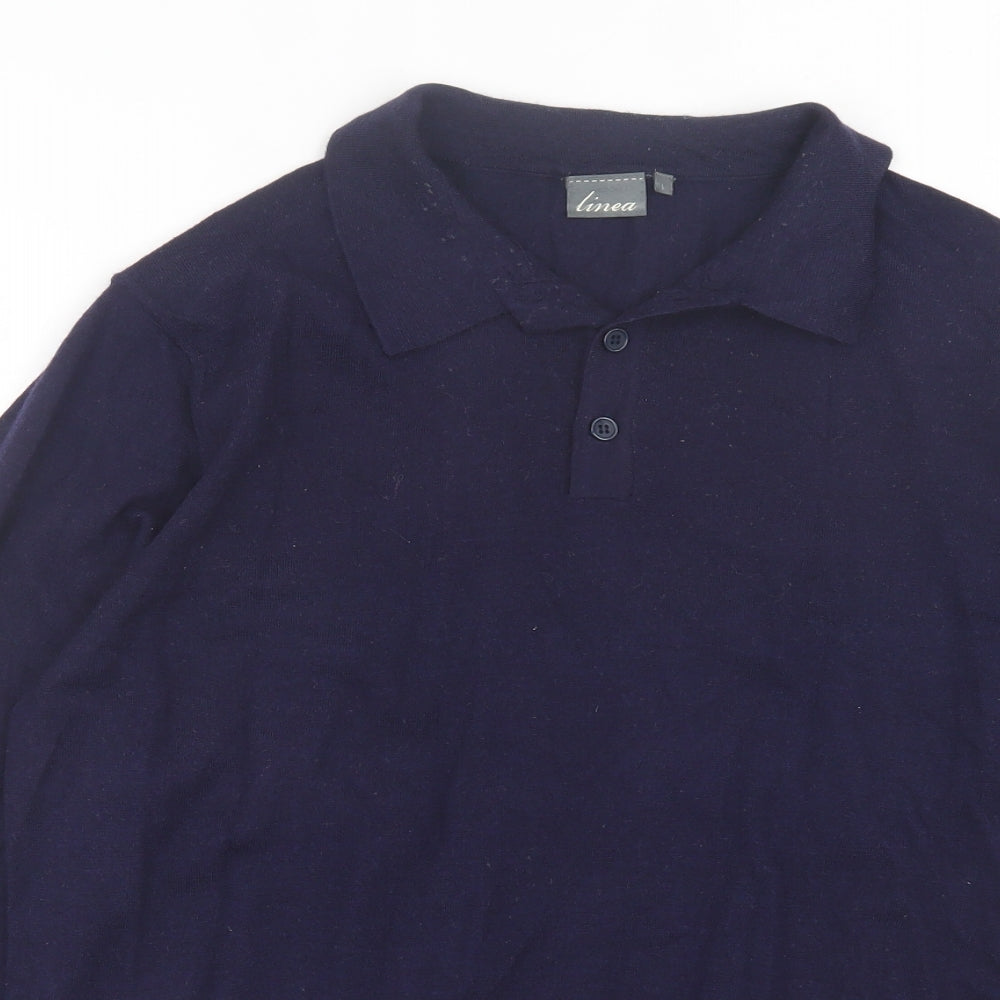 Linea Mens Blue Wool Polo Size L Collared Button