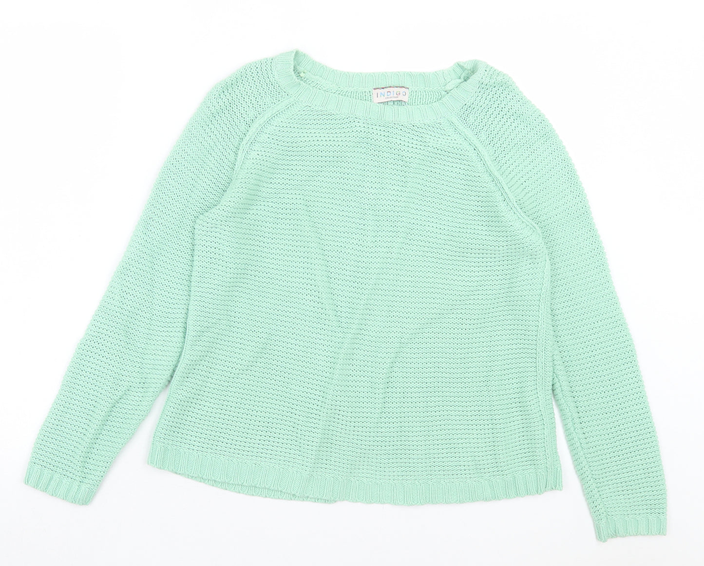 Indigo Womens Green Crew Neck Cotton Pullover Jumper Size 12