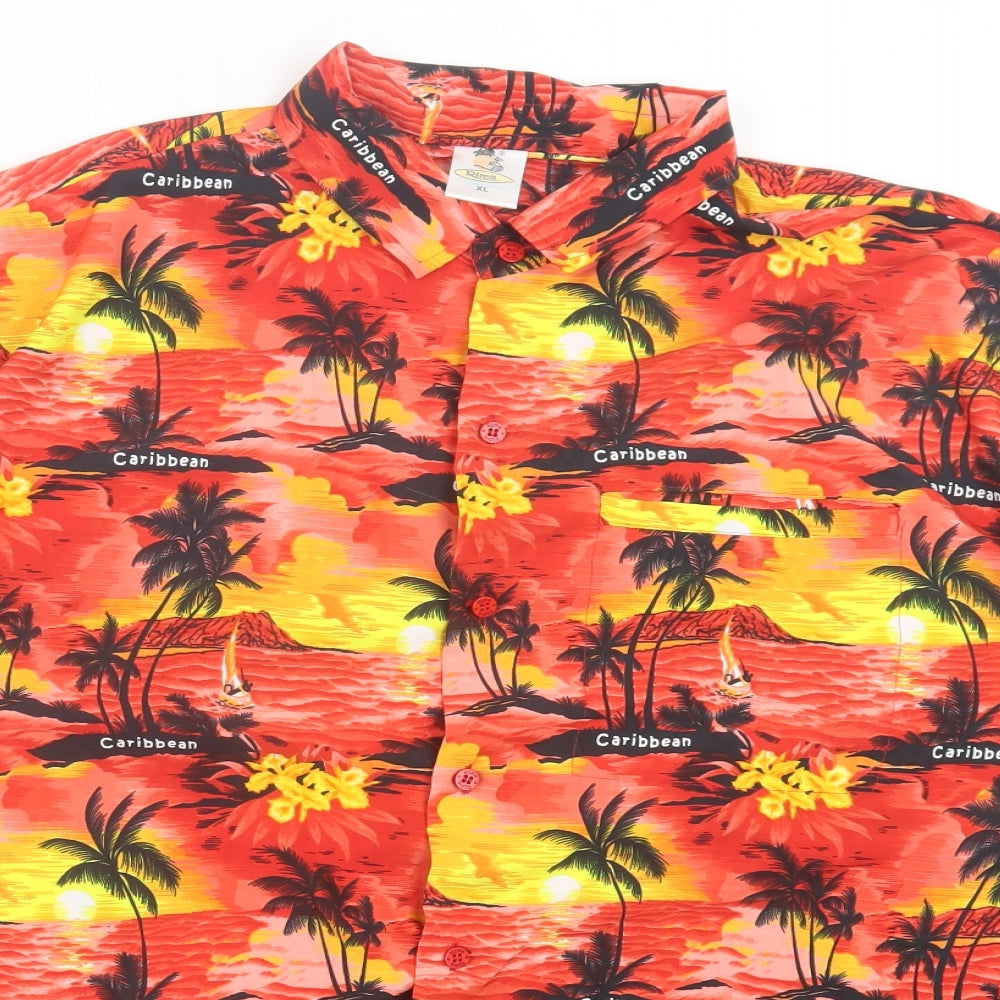 Rima Mens Red Geometric Polyester Button-Up Size XL Collared Button