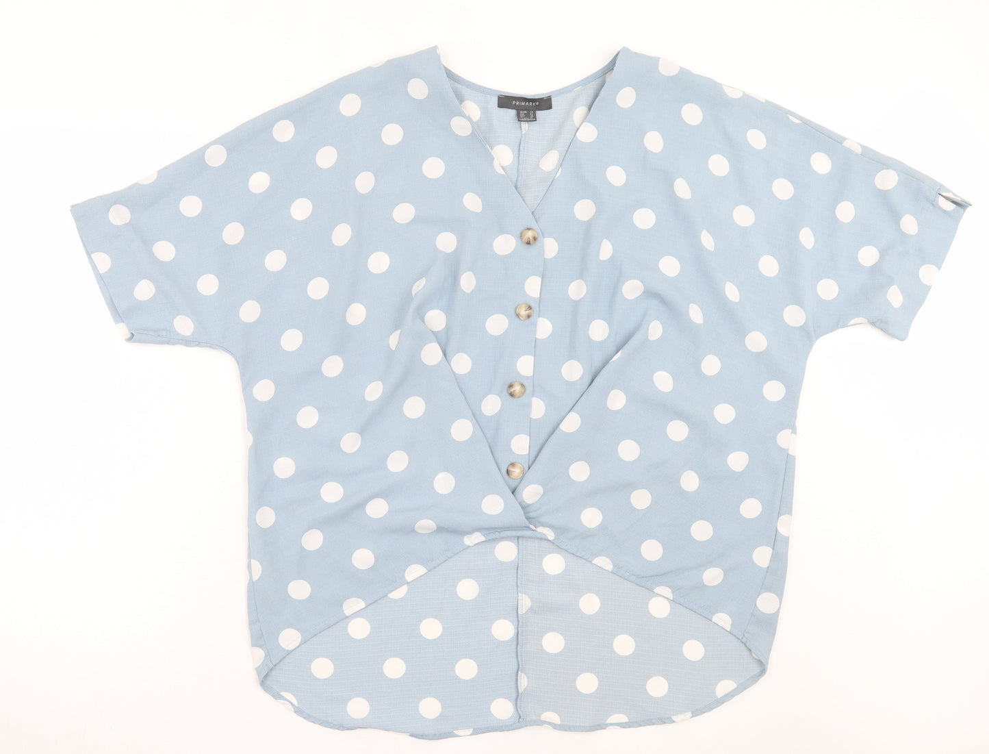 Primark Womens Blue Polka Dot Polyester Basic Button-Up Size 14 V-Neck