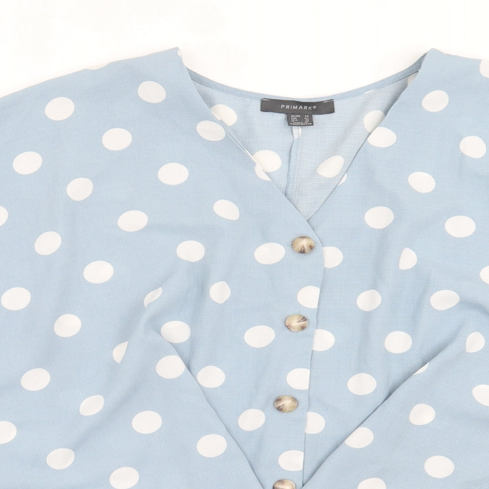 Primark Womens Blue Polka Dot Polyester Basic Button-Up Size 14 V-Neck