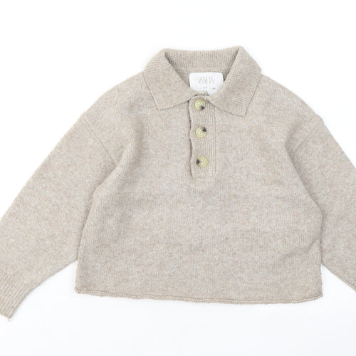 Zara Boys Brown Collared Polyester Pullover Jumper Size 6-7 Years
