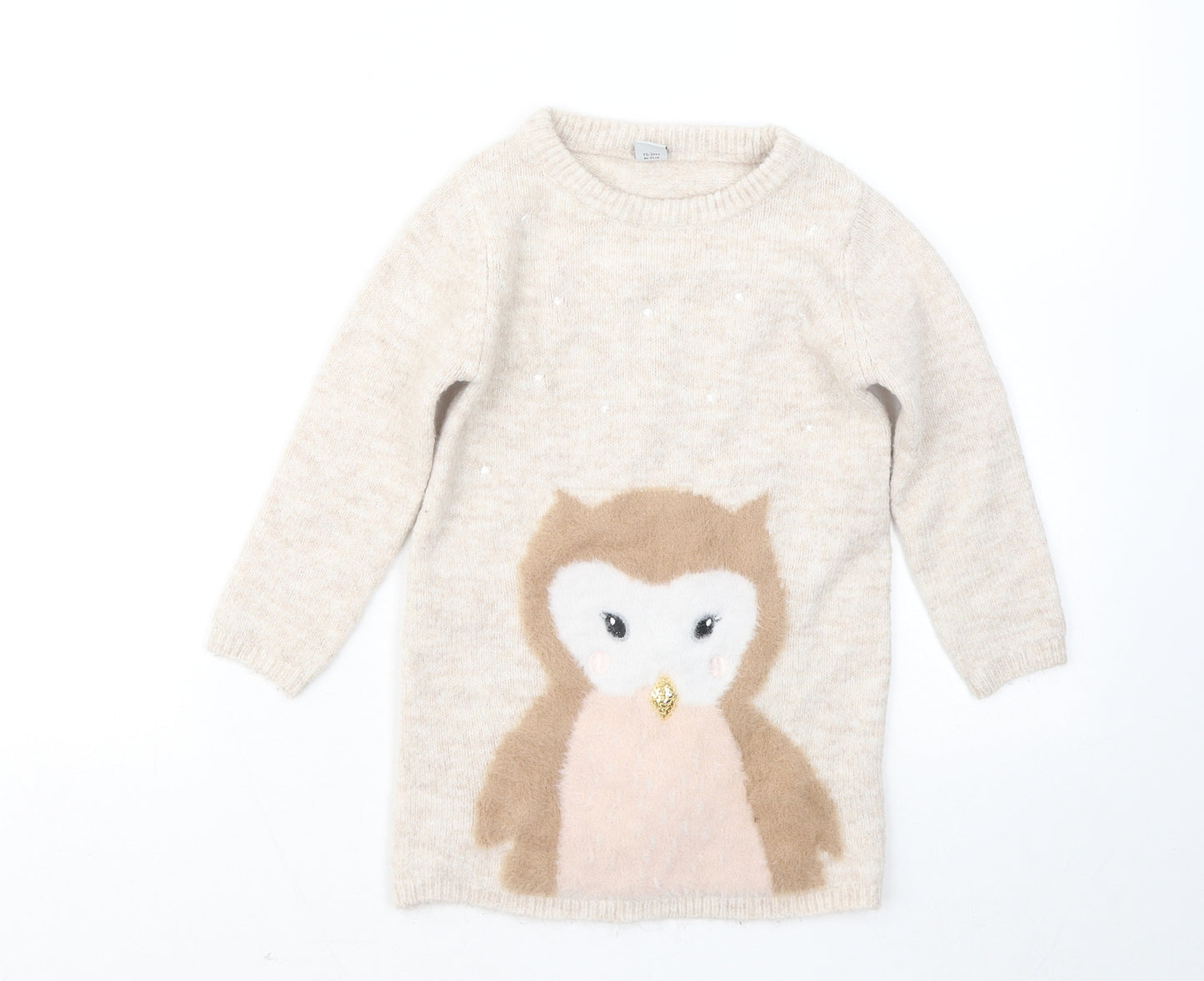 TU Girls Beige Acrylic Jumper Dress Size 18-24 Months Round Neck - Owl