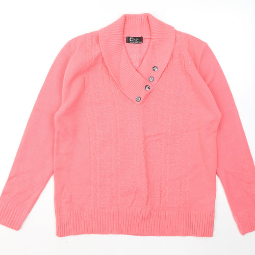 CHIC Womens Pink V-Neck Acrylic Pullover Jumper Size L
