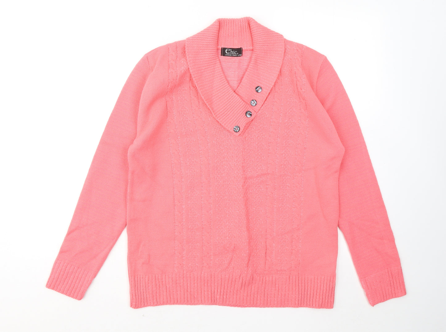CHIC Womens Pink V-Neck Acrylic Pullover Jumper Size L