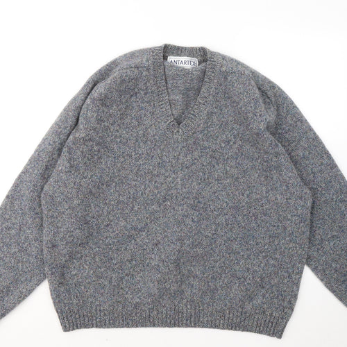 ANTARTEX Mens Blue V-Neck Wool Pullover Jumper Size L