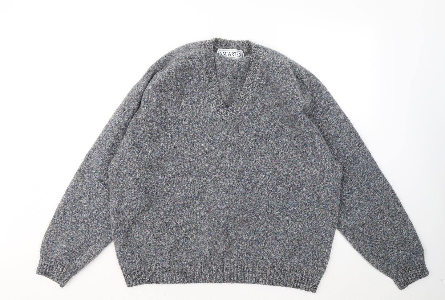 ANTARTEX Mens Blue V-Neck Wool Pullover Jumper Size L