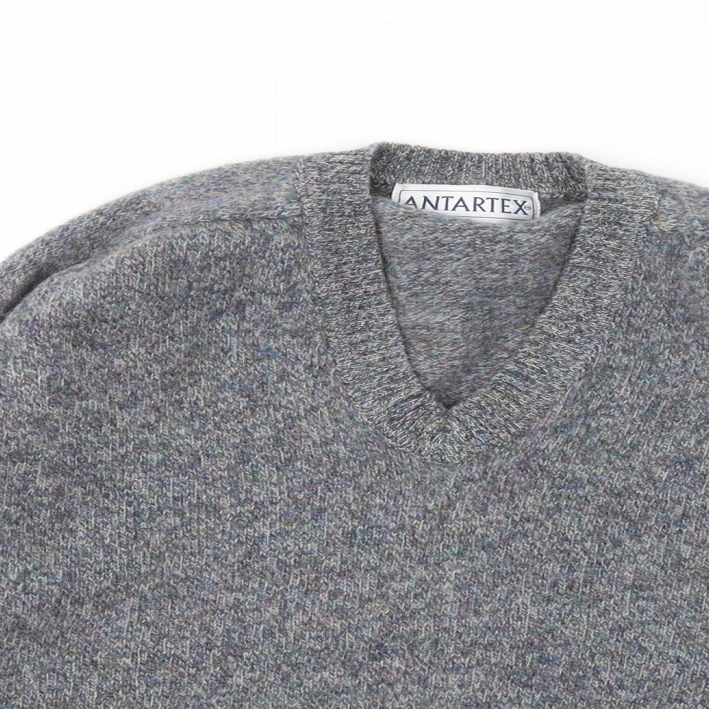 ANTARTEX Mens Blue V-Neck Wool Pullover Jumper Size L