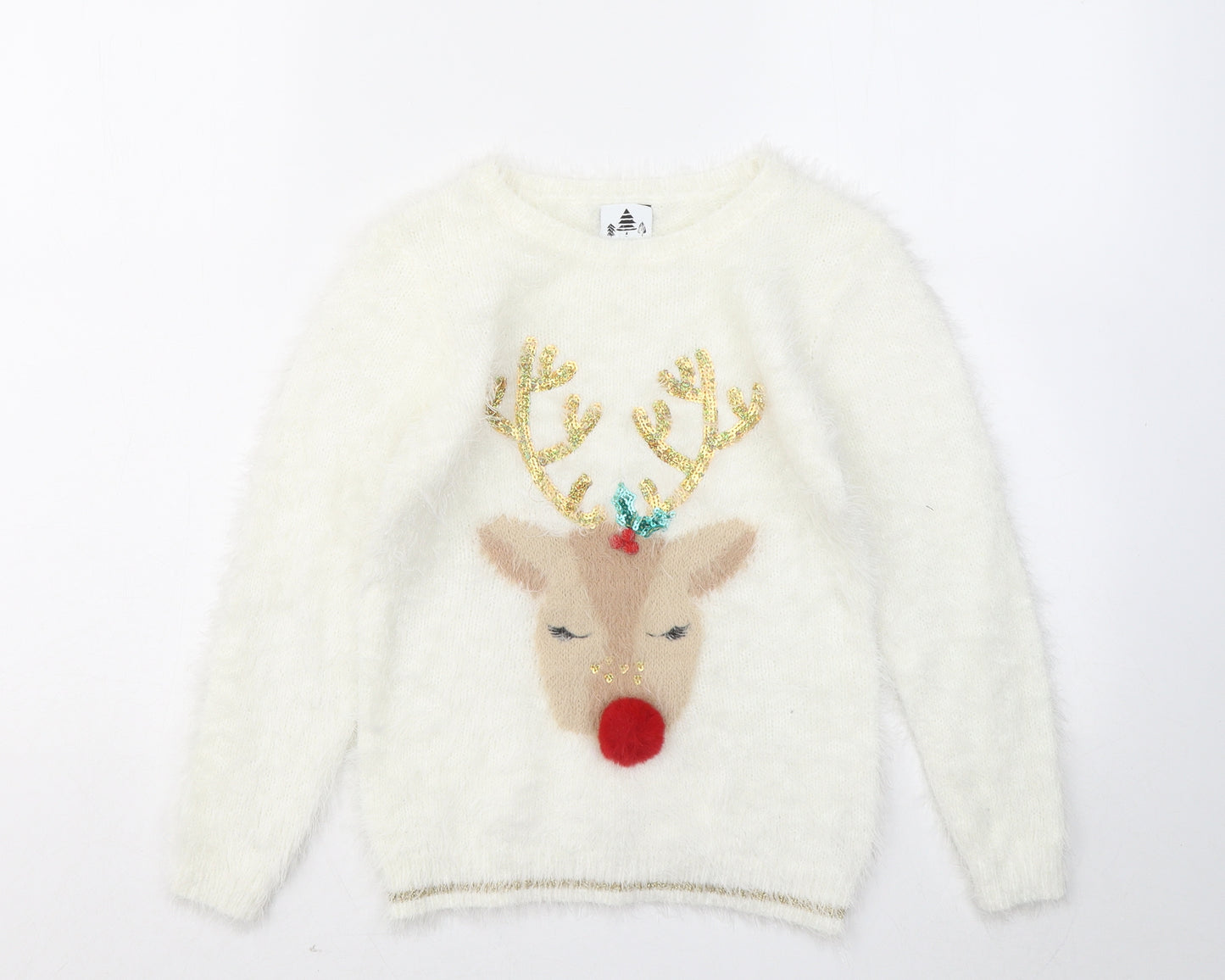 George Girls White Round Neck Polyamide Pullover Jumper Size 8-9 Years - Christmas jumper