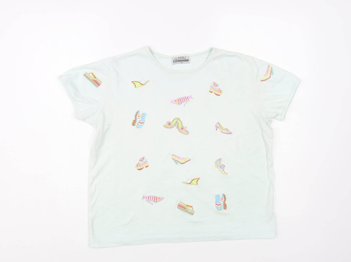 Emreco Womens Blue Geometric Cotton Basic T-Shirt Size 12 Crew Neck