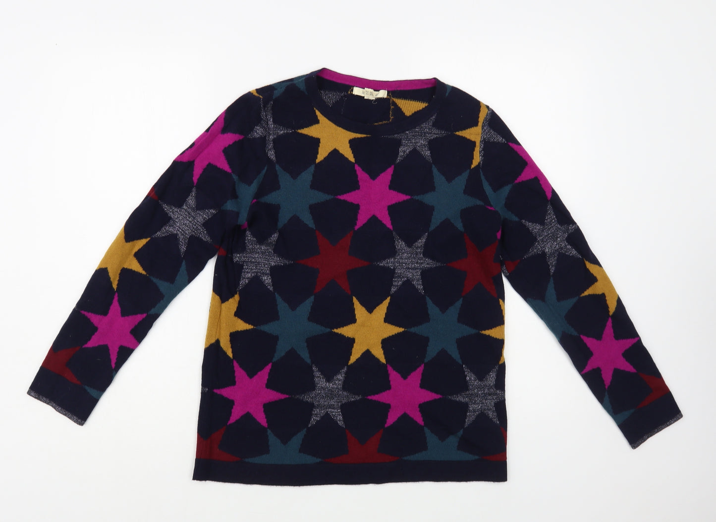White Stuff Womens Blue Boat Neck Geometric Viscose Pullover Jumper Size 10 - Star Pattern