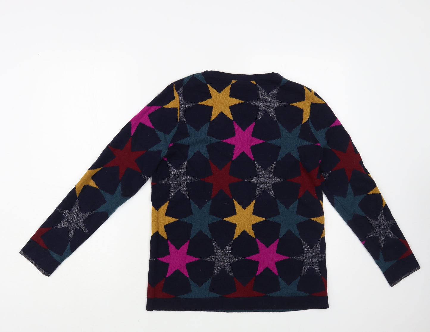 White Stuff Womens Blue Boat Neck Geometric Viscose Pullover Jumper Size 10 - Star Pattern
