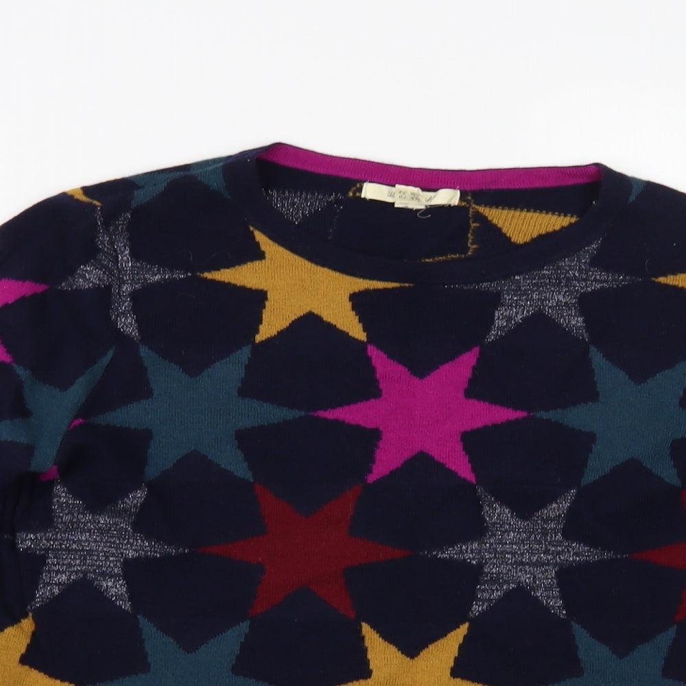 White Stuff Womens Blue Boat Neck Geometric Viscose Pullover Jumper Size 10 - Star Pattern