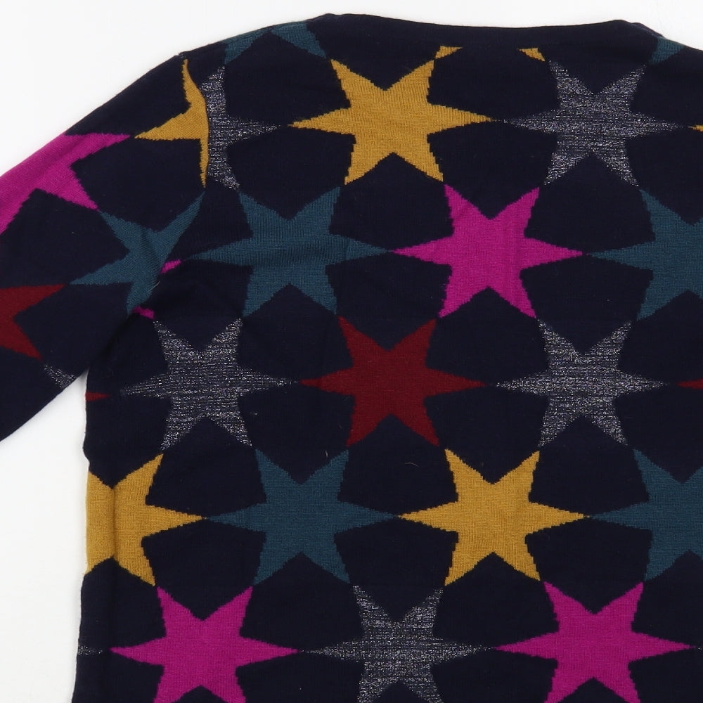 White Stuff Womens Blue Boat Neck Geometric Viscose Pullover Jumper Size 10 - Star Pattern