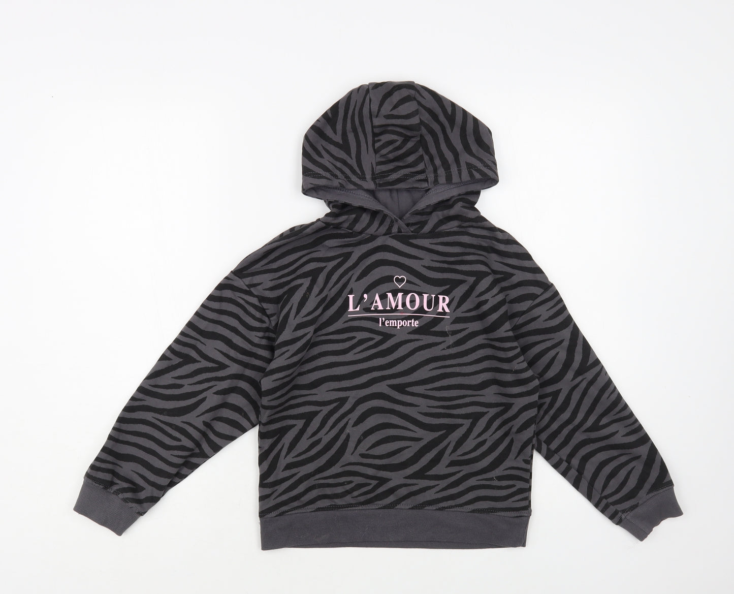 Primark Girls Grey Animal Print Cotton Pullover Hoodie Size 7-8 Years Pullover