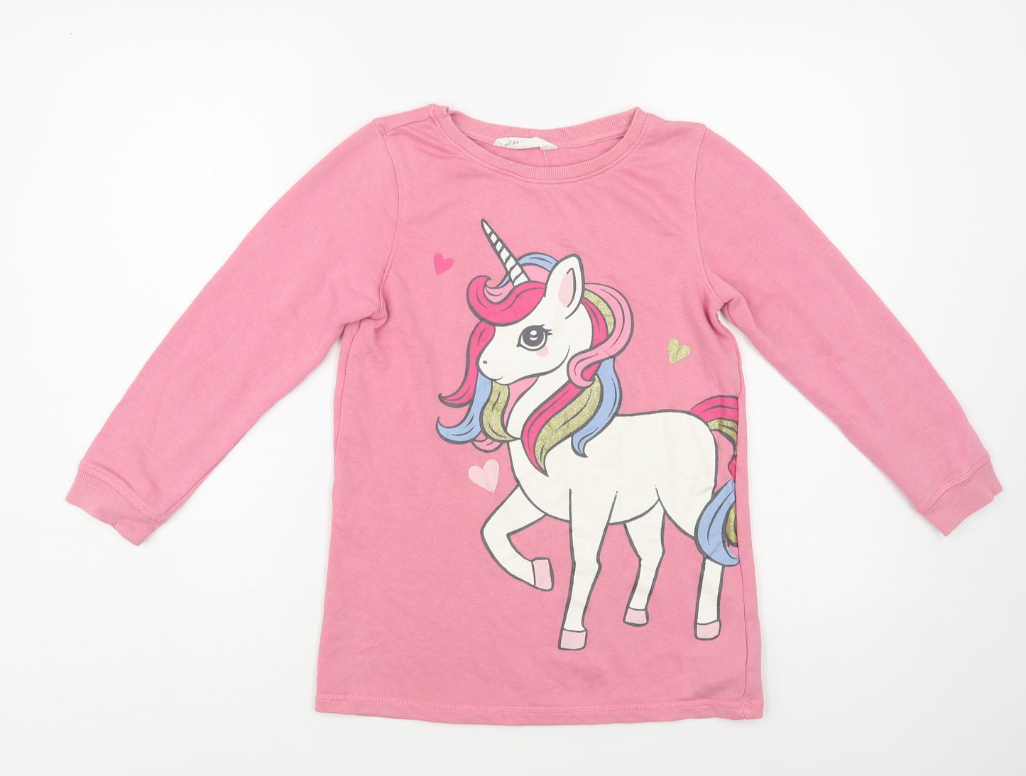 H&M Girls Pink Cotton Tunic Sweatshirt Size 7-8 Years Pullover - Unicorn