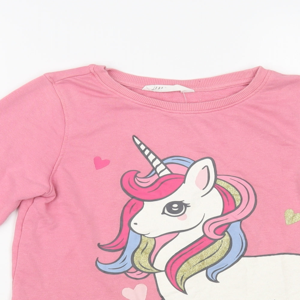 H&M Girls Pink Cotton Tunic Sweatshirt Size 7-8 Years Pullover - Unicorn