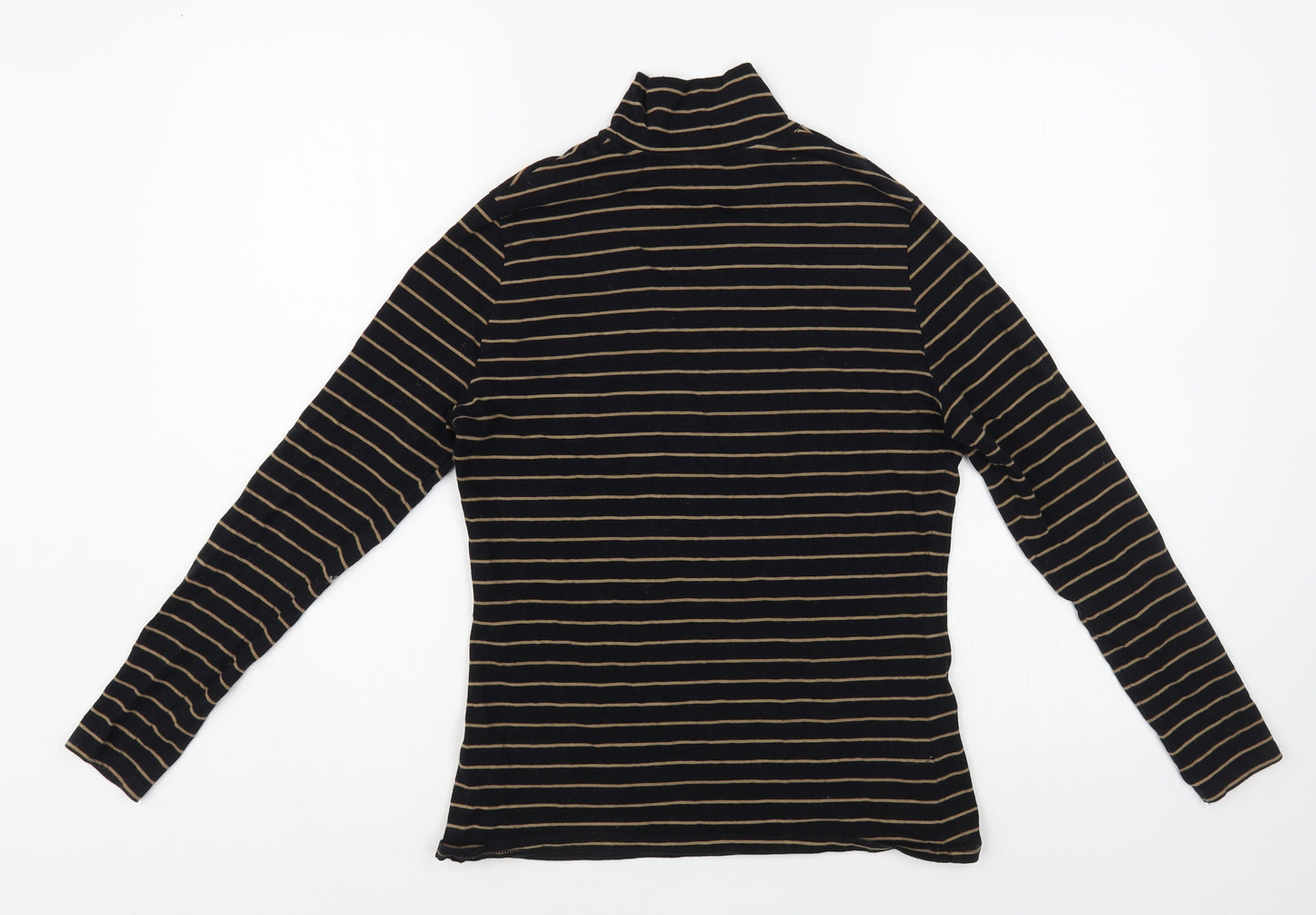 Marks and Spencer Womens Black Striped Cotton Basic T-Shirt Size 10 Roll Neck