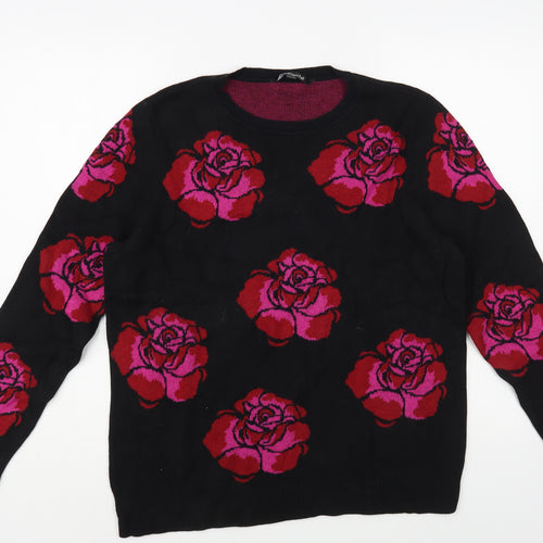 Bonmarché Womens Black Crew Neck Floral Cotton Pullover Jumper Size 16