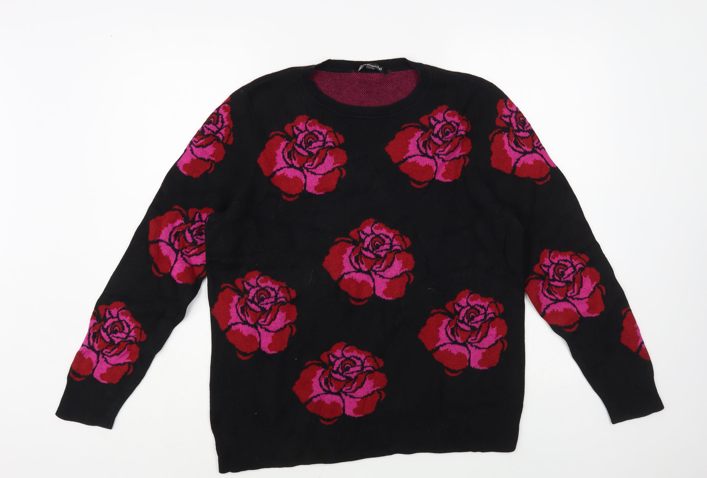 Bonmarché Womens Black Crew Neck Floral Cotton Pullover Jumper Size 16