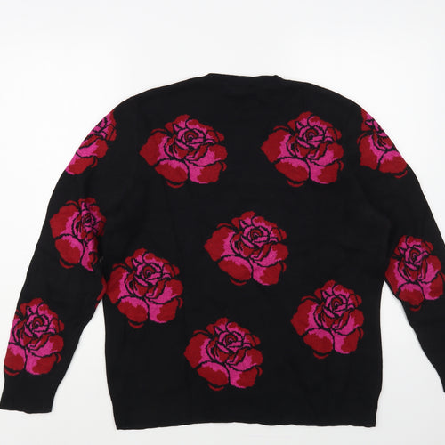 Bonmarché Womens Black Crew Neck Floral Cotton Pullover Jumper Size 16