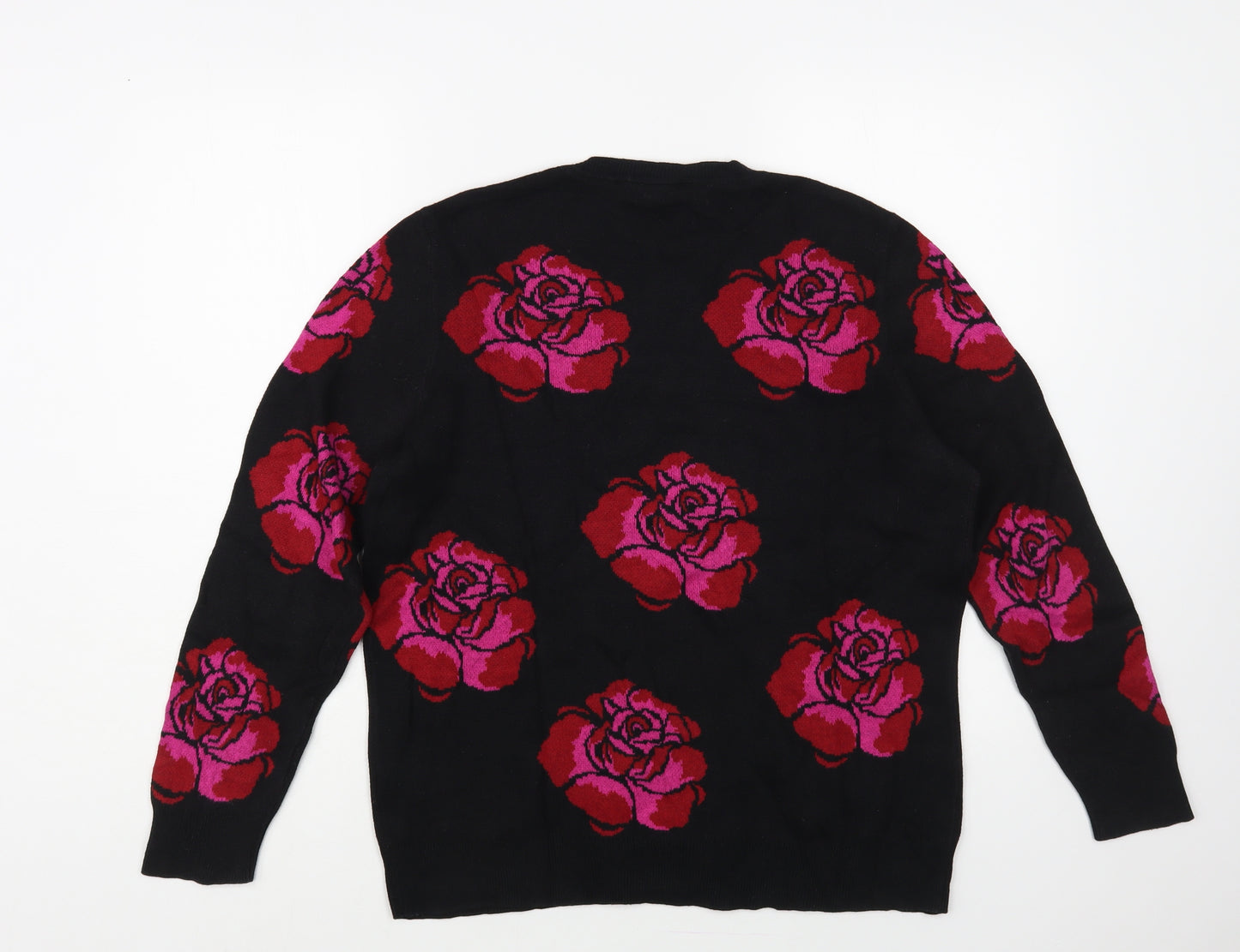 Bonmarché Womens Black Crew Neck Floral Cotton Pullover Jumper Size 16
