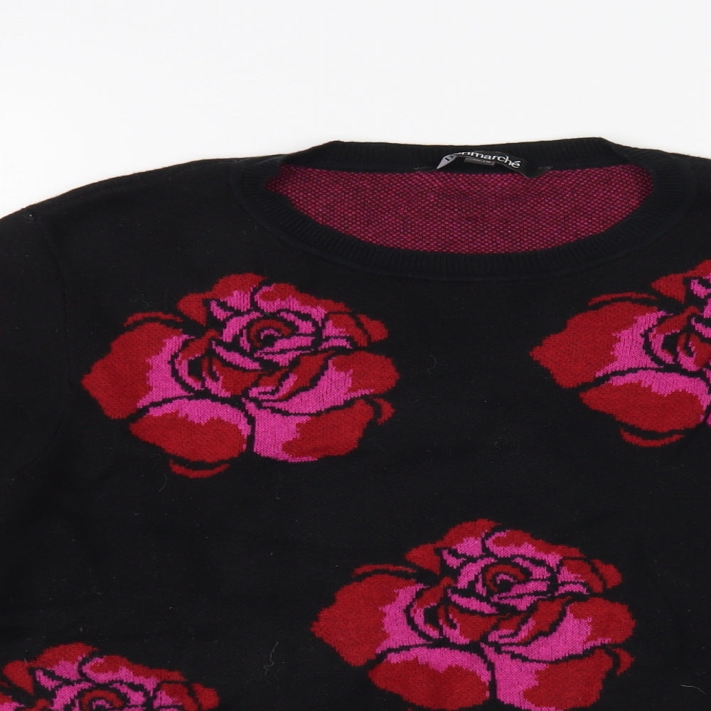 Bonmarché Womens Black Crew Neck Floral Cotton Pullover Jumper Size 16