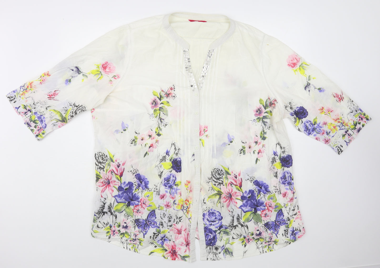 Together Womens White Floral Cotton Tunic Button-Up Size XL V-Neck