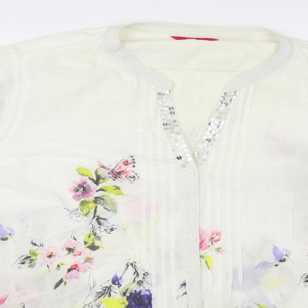 Together Womens White Floral Cotton Tunic Button-Up Size XL V-Neck