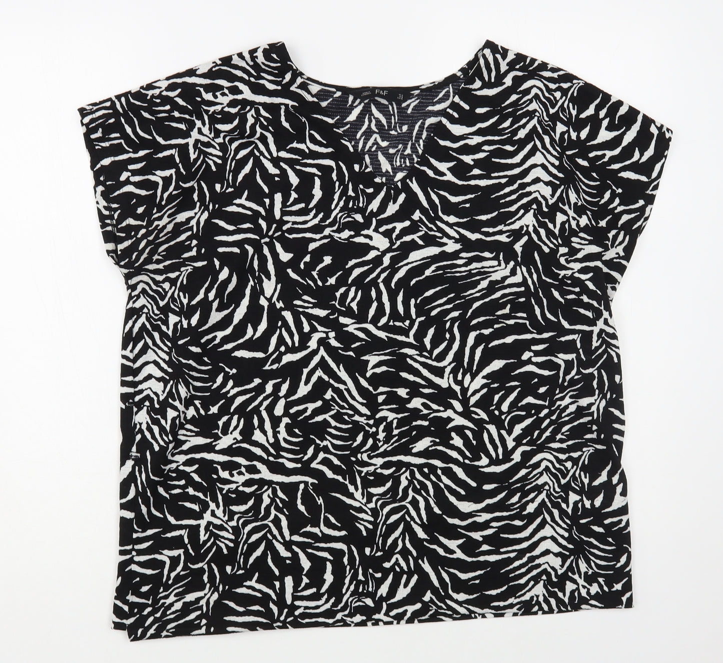 F&F Womens Black Animal Print Polyester Basic Blouse Size 12 V-Neck