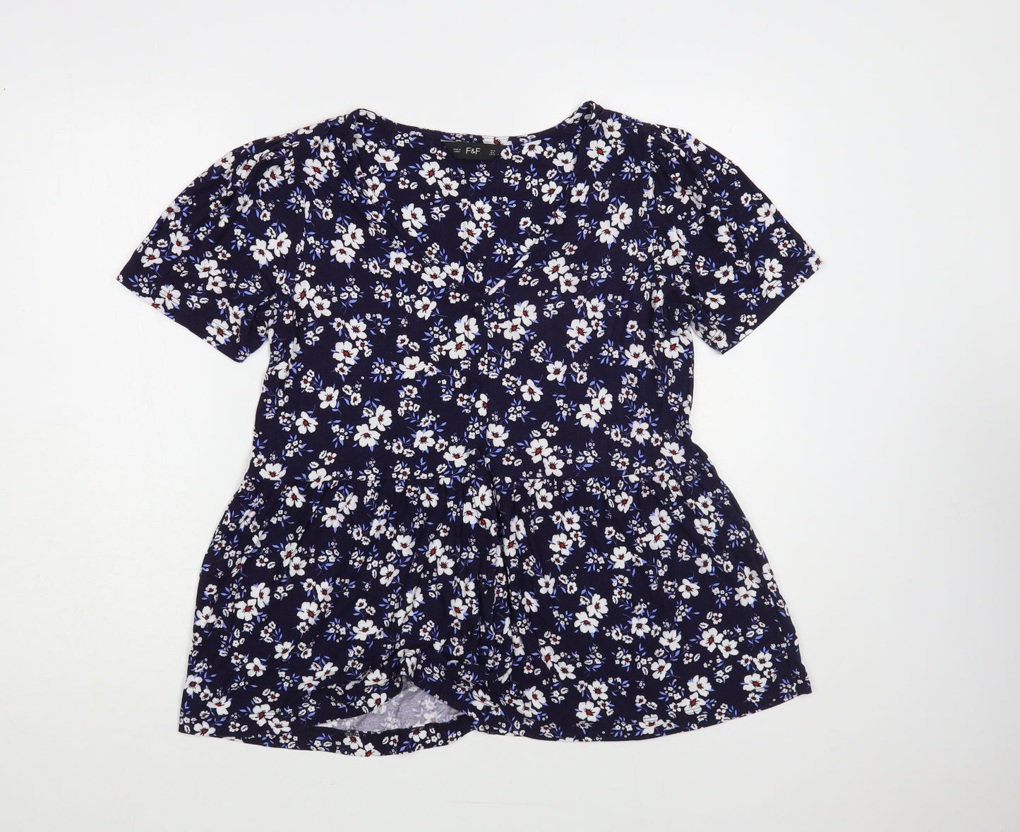 F&F Womens Blue Floral Viscose Basic Blouse Size 12 V-Neck