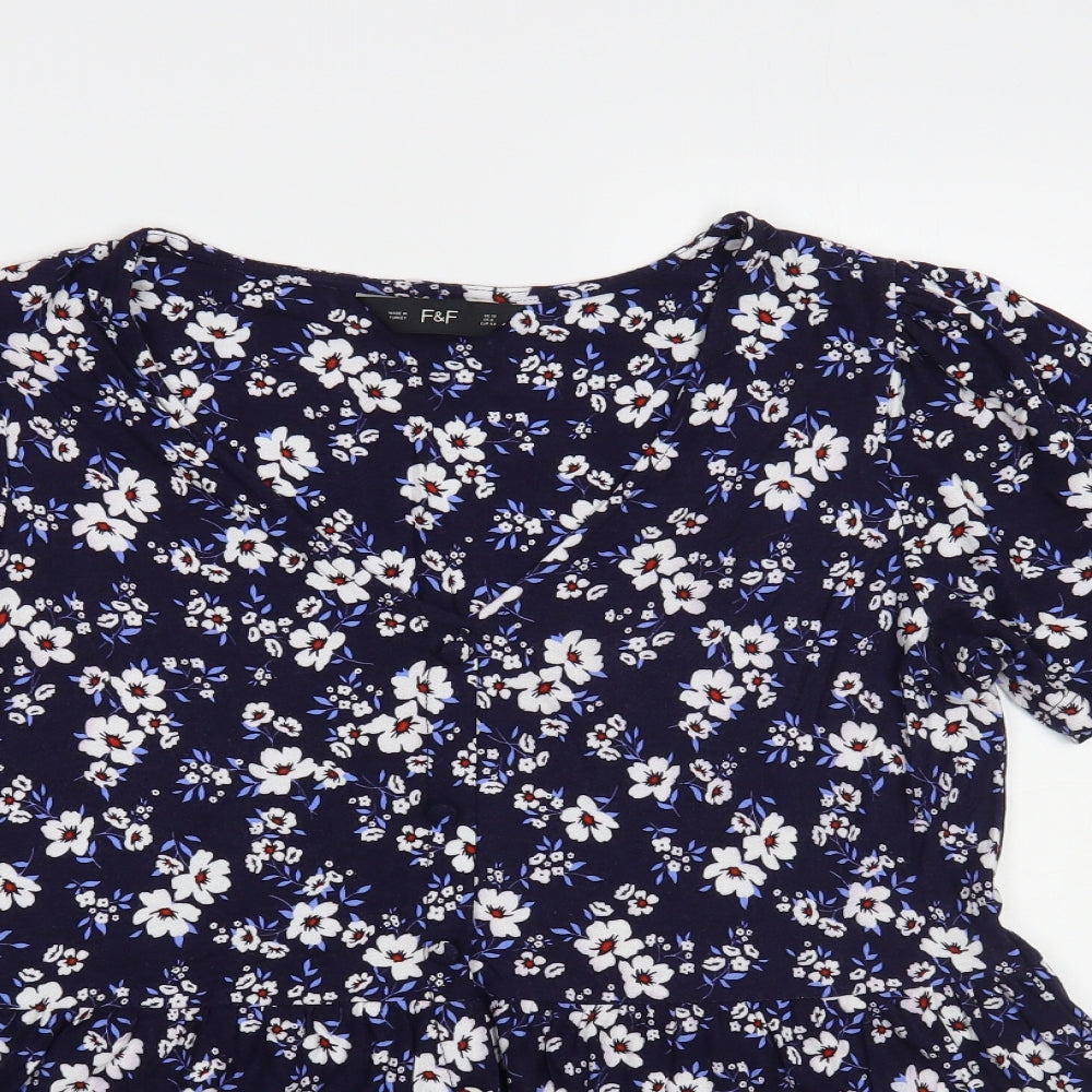 F&F Womens Blue Floral Viscose Basic Blouse Size 12 V-Neck