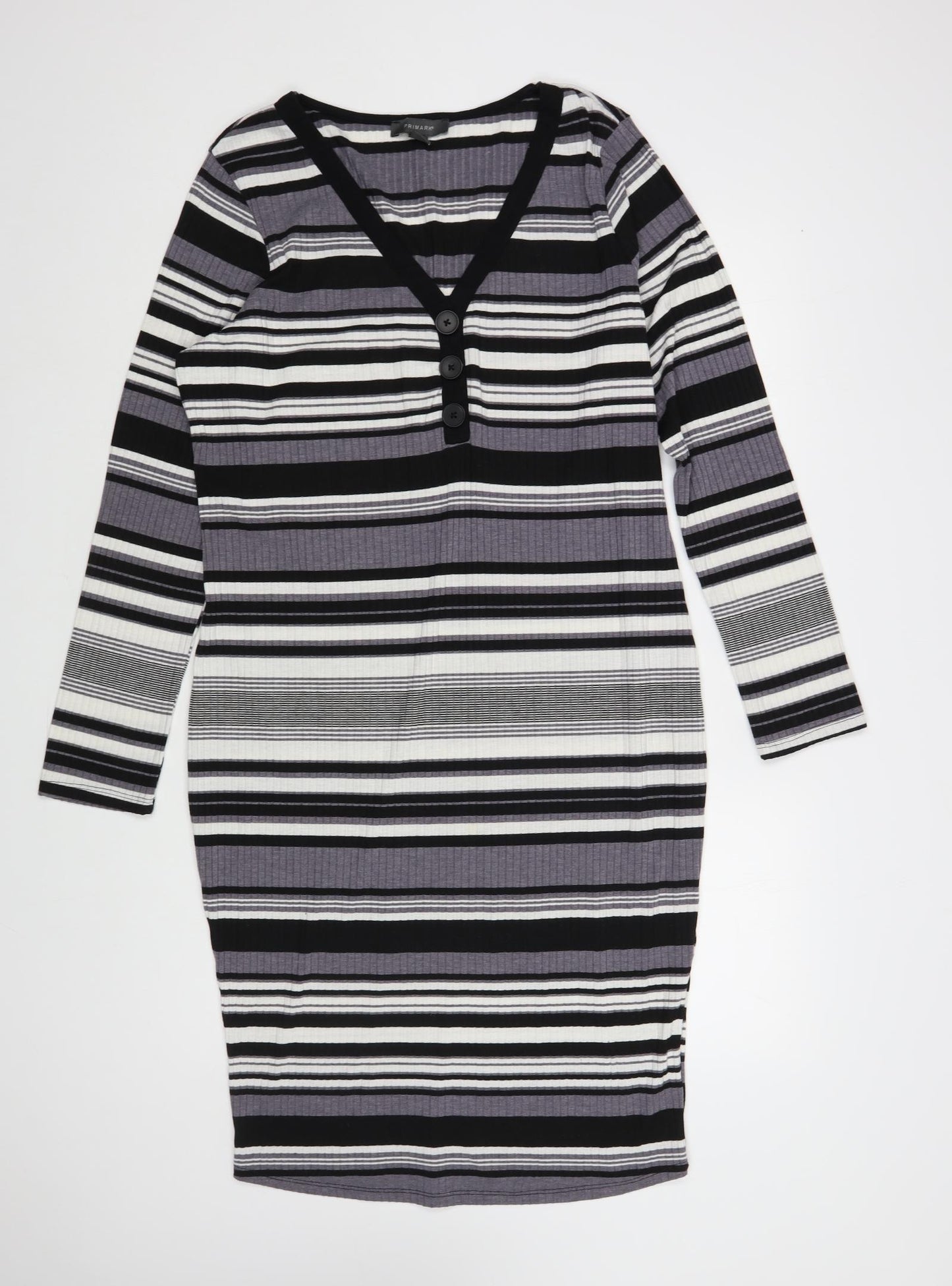 Primark Womens Grey Striped Polyester Bodycon Size 20 V-Neck Button